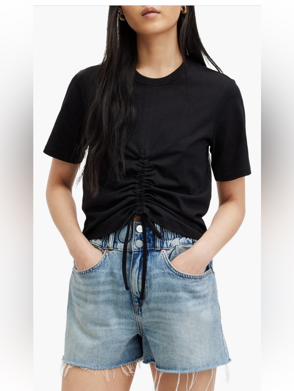 All Saints Black Ruched Drawstring Crop Tee! New w/o tags. Women’s 6! (Small)